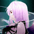 Pixelated anime-style character with short pink hair and red eyes, wearing a black and purple outfit with a teal collar, shown in three sequential poses against a teal background.