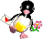 Pixelated penguin with black head, white chest, yellow belly, pink feet holds red heart envelope and pink flowers in four variations.