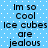 Blue background with white dots and repeated text "Im so Cool Ice cubes are jealous" in black pixelated font.