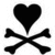 A black-and-white animated contact sheet showing two frames of a buddy icon with a heart and crossbones symbol on the left, and text "I <3 you" on the right.