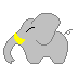 Animated contact sheet of a gray cartoon elephant with yellow tusks, showing sequential frame changes including red/yellow flame effects, brown splatter patterns, blue water-like shapes, and white sparkles on a gray background.