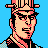 Pixel art portrait of a character with spiky hair, sunglasses, and a checkered shoulder pattern against a solid blue background.