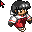 Pixel art character with dark gray hair, white shirt, red vest, and brown pants in four poses against a light gray background.