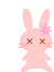 Pixelated pink rabbit with closed X eyes, a small flower on its head, and light blue circular objects floating near it.