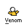 Animated contact sheet of 21 frames showing a stick figure character transitioning between yellow and black color schemes with varying poses, labeled "Venom" under each frame.