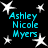 Black background with four identical cyan text blocks reading "Ashley Nicole Myers" surrounded by white star shapes.