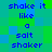 Blue pixelated text 'shake it like a salt shaker' repeats across green and blue background in two vertical