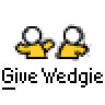 Animated contact sheet showing four frames of a yellow stick figure icon performing actions with text "Give Wedgie" and symbols below each frame.