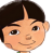 Pixelated cartoon-style face with short dark brown hair, light skin, and a subtle smile against a gray background.