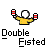 Pixelated character in yellow shirt with arms raised holding red-and-white striped objects, below text reading Double Fisted on gray background.