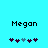 Pixelated text 'Megan' above two of five heart-shaped icons on a cyan background, with one heart in each changing color from purple to light blue