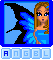 Pixelated angel icon with blue wings and dress, brown hair, blue eyes, static expression, text "ANGEL" below.