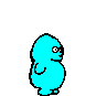 cyan pixelated creatures in various poses and expressions against a gray background