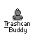 Pixelated gray trashcan icon with white text 'Trashcan-Buddy' below, showing animation frames where the lid opens and closes while green sparkles appear near it.