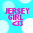 Pixelated text 'JERSEY GIRL' in bright pink with a heart symbol on light blue background featuring white circular shapes.