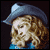 Pixelated static icon of a skull wearing a blue hat with light reflection, brown curly hair visible beneath the hat, and blue clothing at the bottom against dark background.