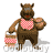 Pixelated brown bear mascot with pink checkered bib holding basket and round object, displayed in 8-frame contact sheet animation.