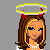 Pixel art contact sheet showing three frames of an animated angel-themed buddy icon with text bubbles and character details.