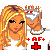 Pixel art collage of a blonde woman in white clothing with red medical symbols and text overlays, including "Adam's baby girl" on red banners.