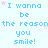 Light blue background with repeated text "I wanna be the reason you smile!" in light blue font, scattered pink stars, and a solid gray rectangle in the bottom-right corner.