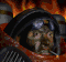Animated sequence of a character in a helmet with glowing eyes, holding a cigarette against a fiery background.