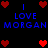 Pixelated digital artwork with blue text 'LOVE MORGAN' repeated twice on a black background, surrounded by red heart symbols in various positions.
