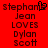 Red background with pixelated text listing names and 'LOVES' in two , one featuring a heart symbol replacing the letter 'o' in 'stephanie'