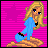 Pixel art icon of a blonde woman in blue dress standing on brown ground against pink striped background.