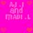 Pixelated pink background with repeated text 'AJ J and MADI .L' surrounded by red heart symbols in a pattern