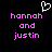 Pixelated text 'hannah and justin' in pink with a white heart symbol above, displayed on black background.