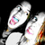 Pixelated image of two anime-style characters with exaggerated expressions, one holding a pink and blue object against black background.