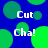 Blue background with green circular shapes and white text reading "Cut" and "Cha!" in a repeating pattern.