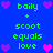 Blue background with green text and pink/purple pixel hearts; two identical display 'baily + scoot equals love' in a