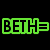 Green pixelated text 'BETH=' on black background, a figure with ram horns and dark clothing, a blonde woman making peace sign, a man in white shirt and red tie, five people posing together.