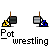 Pixel art animation of two pots wrestling, each with a yellow or blue base and brown handle, on gray background.