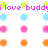 Pixelated icon with pink text reading 'i love budd! and b-ball' at top, 'go nets!!!!!' below, and repeating colored circles in blue, pink, orange