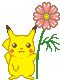 A 3x3 contact sheet of pixel art frames showing a yellow cartoon character holding a pink flower with green stem and leaves, displaying various poses and expressions across sampled animation frames.