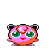 Pixelated cartoon character with pink body, green eyes, and black ears in three animation frames showing slight pose variations against white background.