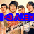 Group of five people in a pixelated image with overlaid text in blue and red, showing animation changes in text and background.