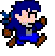 Pixel art character with blue hair and clothing in four distinct poses showing movement progression.