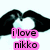Pixelated icon shows black hair framing a white face with pink text reading 'ilove nikko' on light blue background.