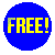 Six blue circular icons with yellow text reading "FREE!" arranged in two on a gray background, each icon showing slight pixel variations in the text