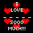 Pixelated red hearts and white text on black background with 'I LOVE 5000 MUCH!!!' repeated in pattern