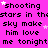 Pixelated text repeats 'shooting stars in the sky make him love me tonight' on a bright pink background with scattered white stars.