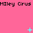 Pink background with repeated black text 'Miley Cyrus Miley Cyrus' and cyan pixelated symbols changing across frames.