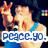 Pixelated image of a person with light hair making a peace sign, wearing a blue top, with text reading "PEACE YO." at the bottom.
