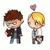 Pixelated cartoon figures of two characters with brown and blonde hair, one holding a book, the other carrying a shield-like object under a pink heart symbol.