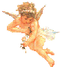 Four identical cherub figures with golden wings, white floral skirts, and brown curly hair wear pearl headbands while holding small flower bouquets against a gray background.