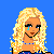 Pixelated blonde woman with blue tears on a blue background, pink and gray text blocks below.