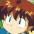 Pixelated anime-style character with brown hair and wide eyes on a bright green background, accompanied by blue pixelated text phrases.